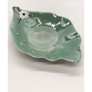 Vintage Czechoslovakia Sage Green Porcelain Leaf Trinket Dish White Flower 6in